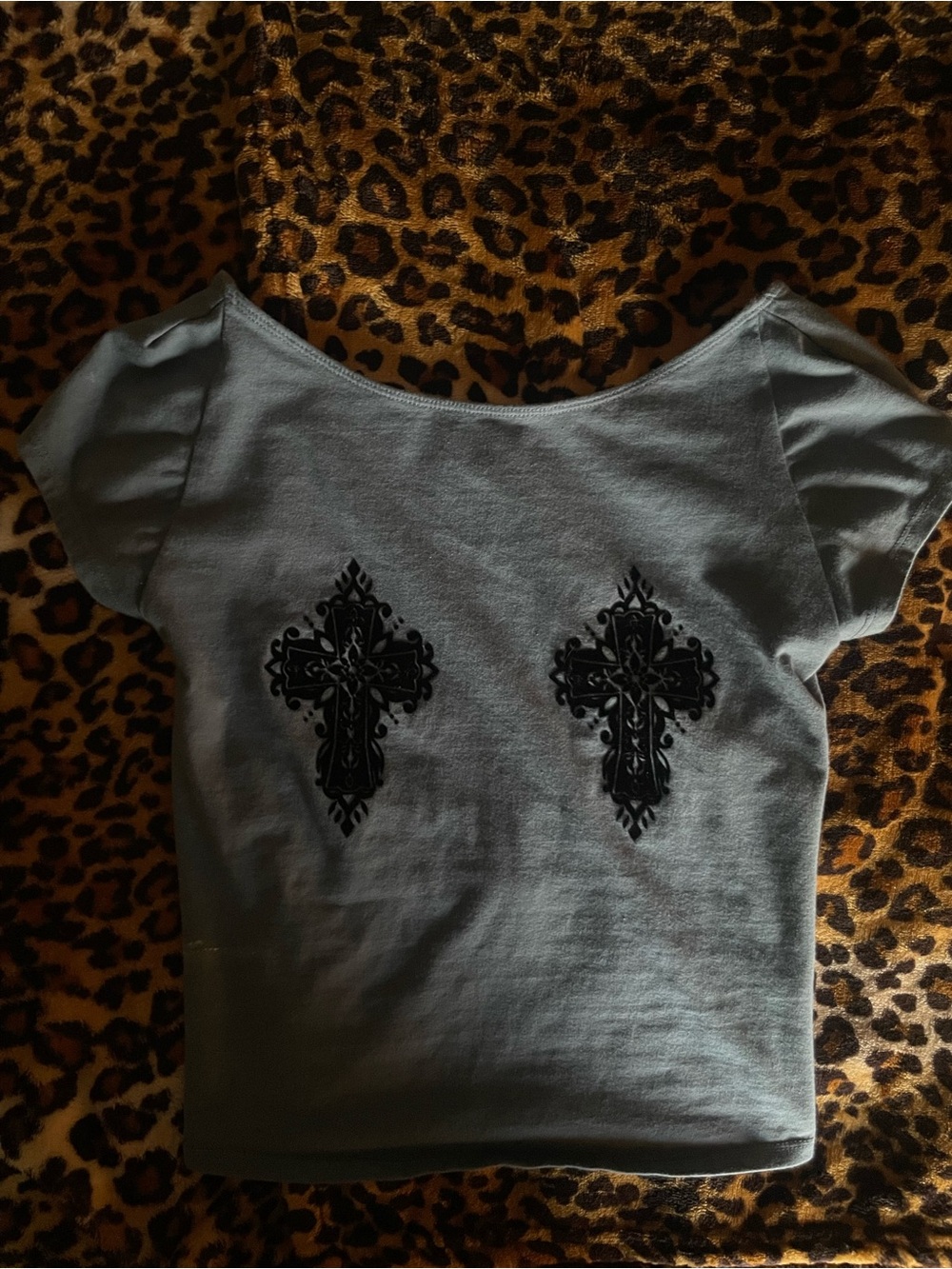 Kimchi Blue Light Blue Short Sleeve Backless top with Black Cross Appliqués